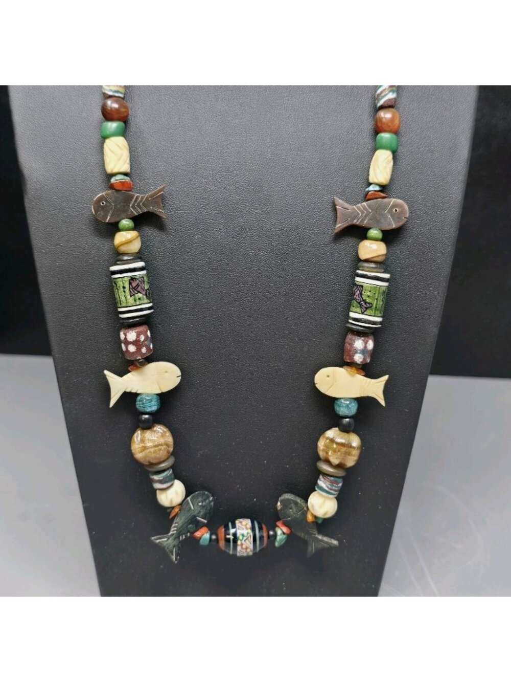 Zuni Southwestern Fetish Fish Necklace Ceramic Carved Stone Beads 26"